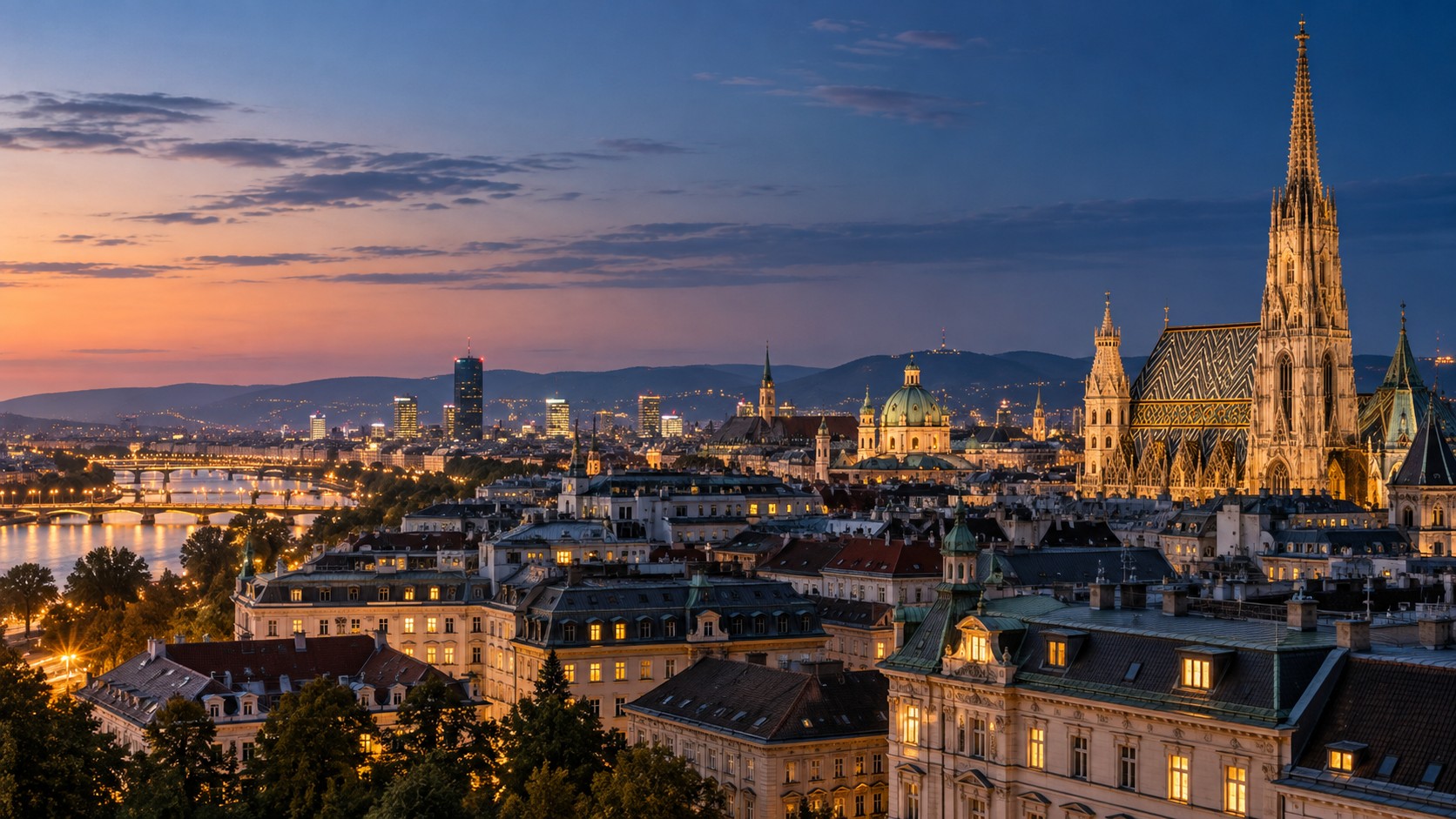 Vienna skyline at blue hour