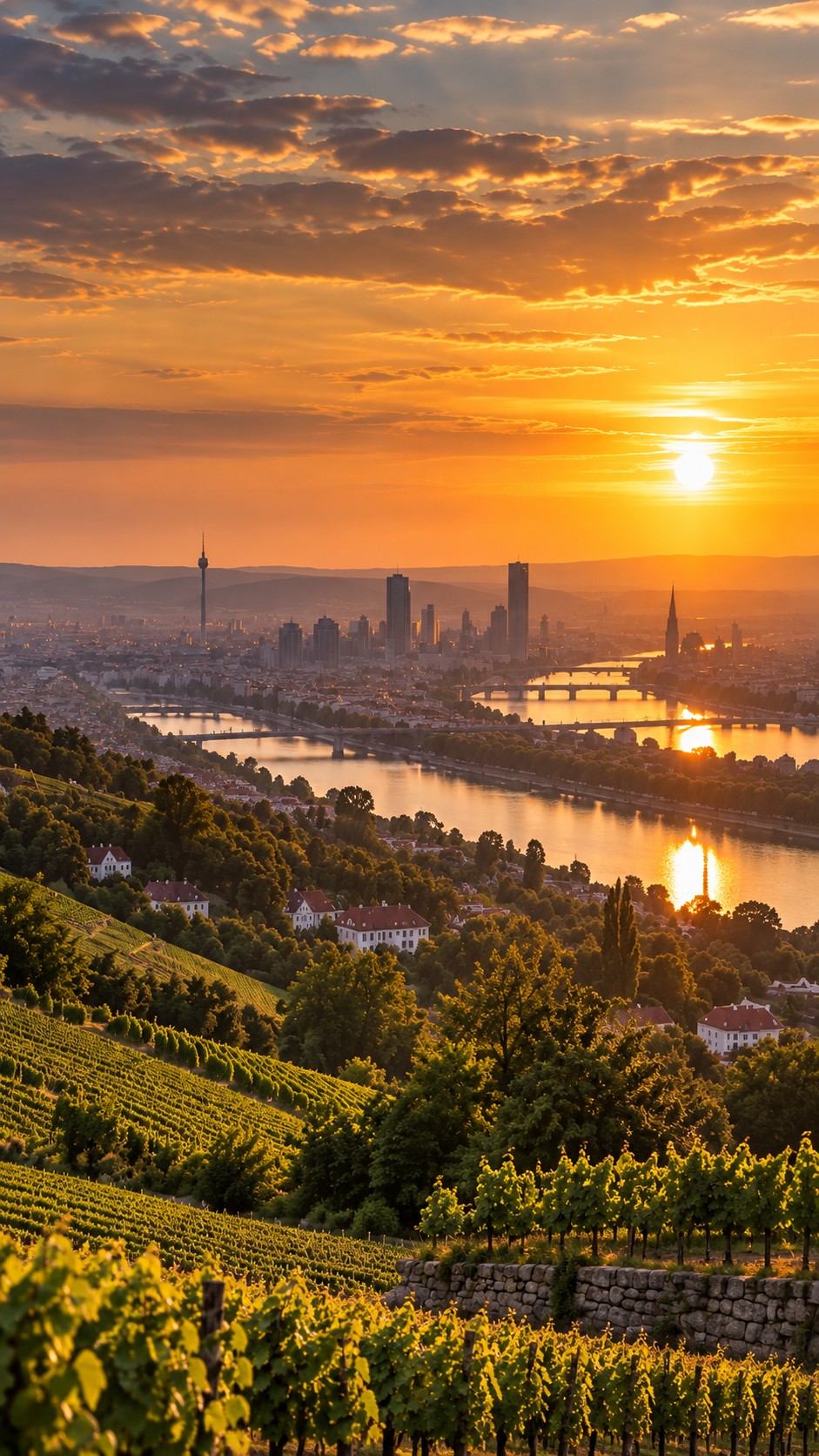 Vienna viewed across hillside vineyards at sunset
